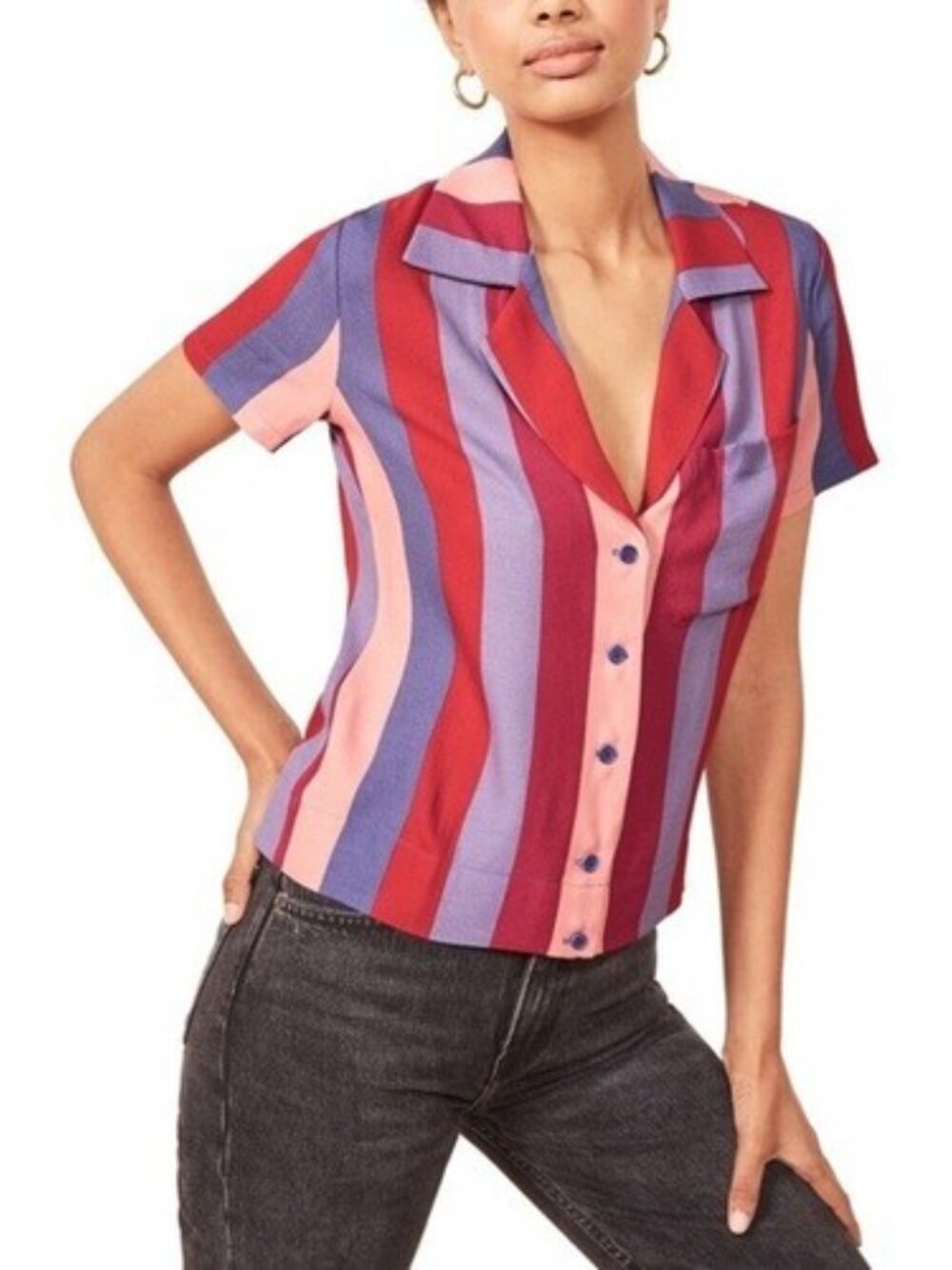 Reformation Women S Multicolor Striped Button Front Camp Shirt Retro Y2K